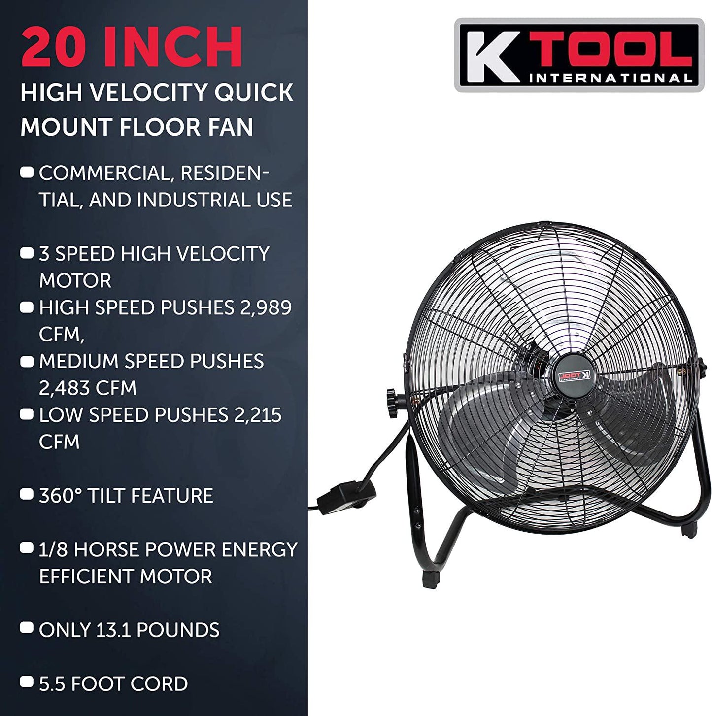 K 77722; 20 Inch, High Velocity Quick Mount Floor Fan, Converts to Wall Fan, 3- Speed Motor, 360 Degree Tilt, Ideal Fan for Home or Office, 5.5 Foot Cord, 2,989 Max CFM, Black