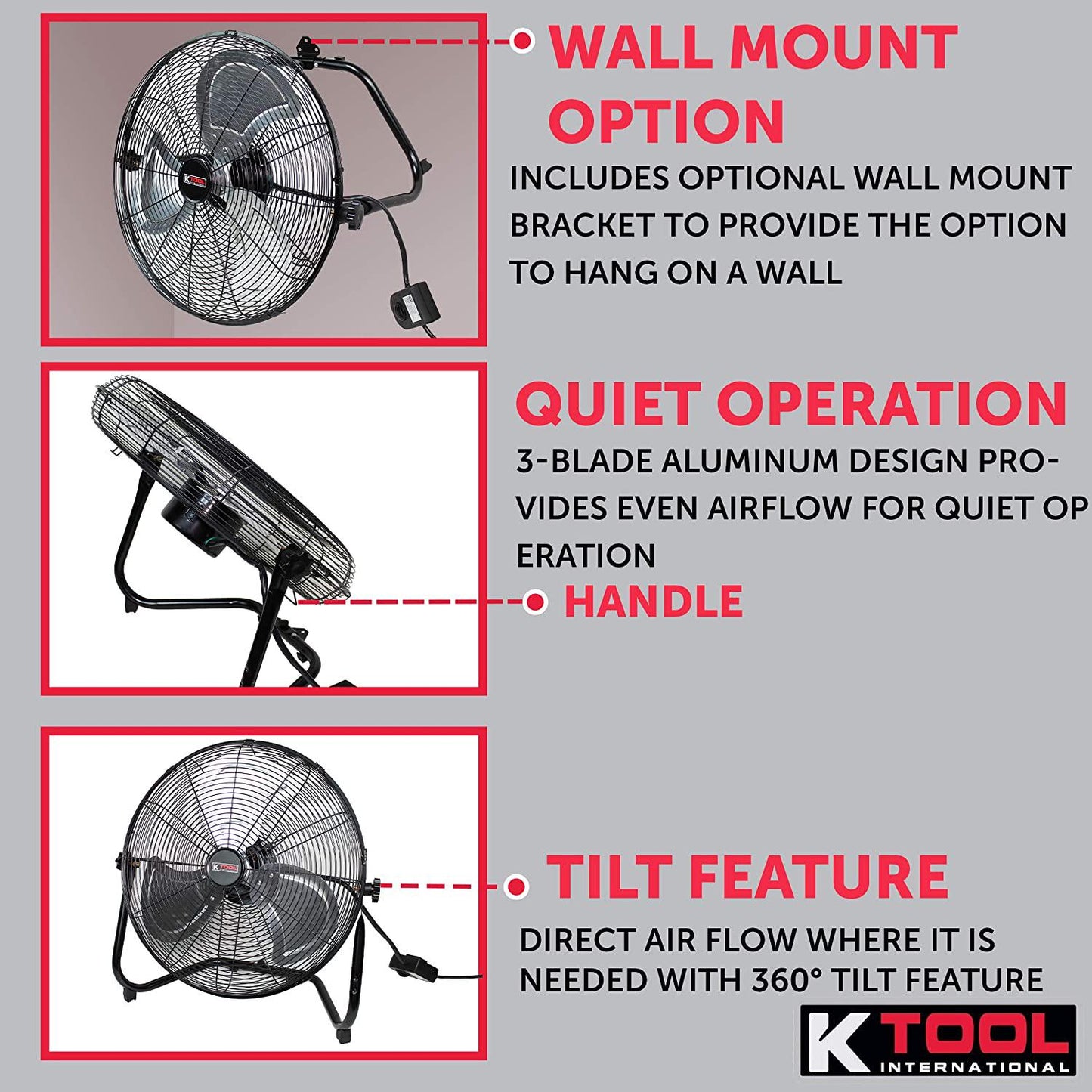 K 77722; 20 Inch, High Velocity Quick Mount Floor Fan, Converts to Wall Fan, 3- Speed Motor, 360 Degree Tilt, Ideal Fan for Home or Office, 5.5 Foot Cord, 2,989 Max CFM, Black