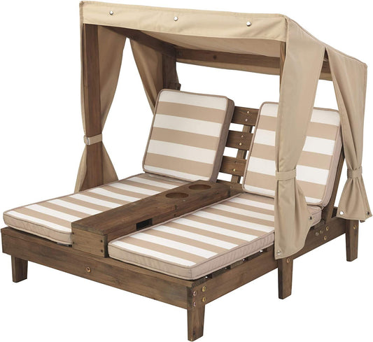 KidKraft Wooden Outdoor Double Chaise Lounge with Cup Holders, Patio Furniture for Kids or Pets, Espresso with Oatmeal and White Striped Fabric-