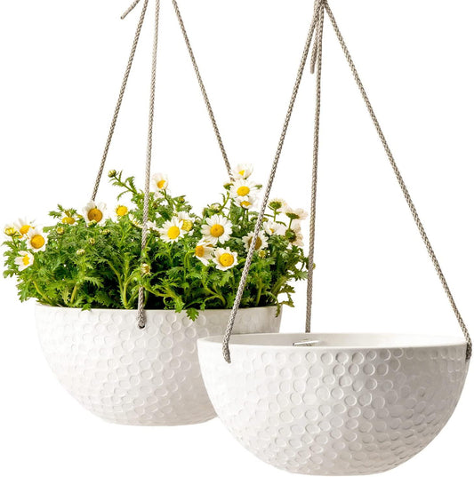 LA JOLIE MUSE 10 Inch Hanging Planters for Indoor Plants, Outdoor Garden Planter Pots, White, Honeycomb, Set of 2-