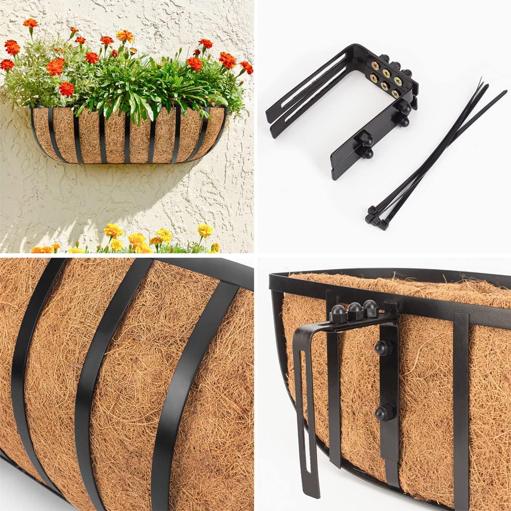 LAVEVE 24 Window Box Railing Planter with Coco Liner (4 Pack), Balcony Metal Hanging Planter Bracket with Coconut Liner for Outdoor, Fence, Porch and Patio