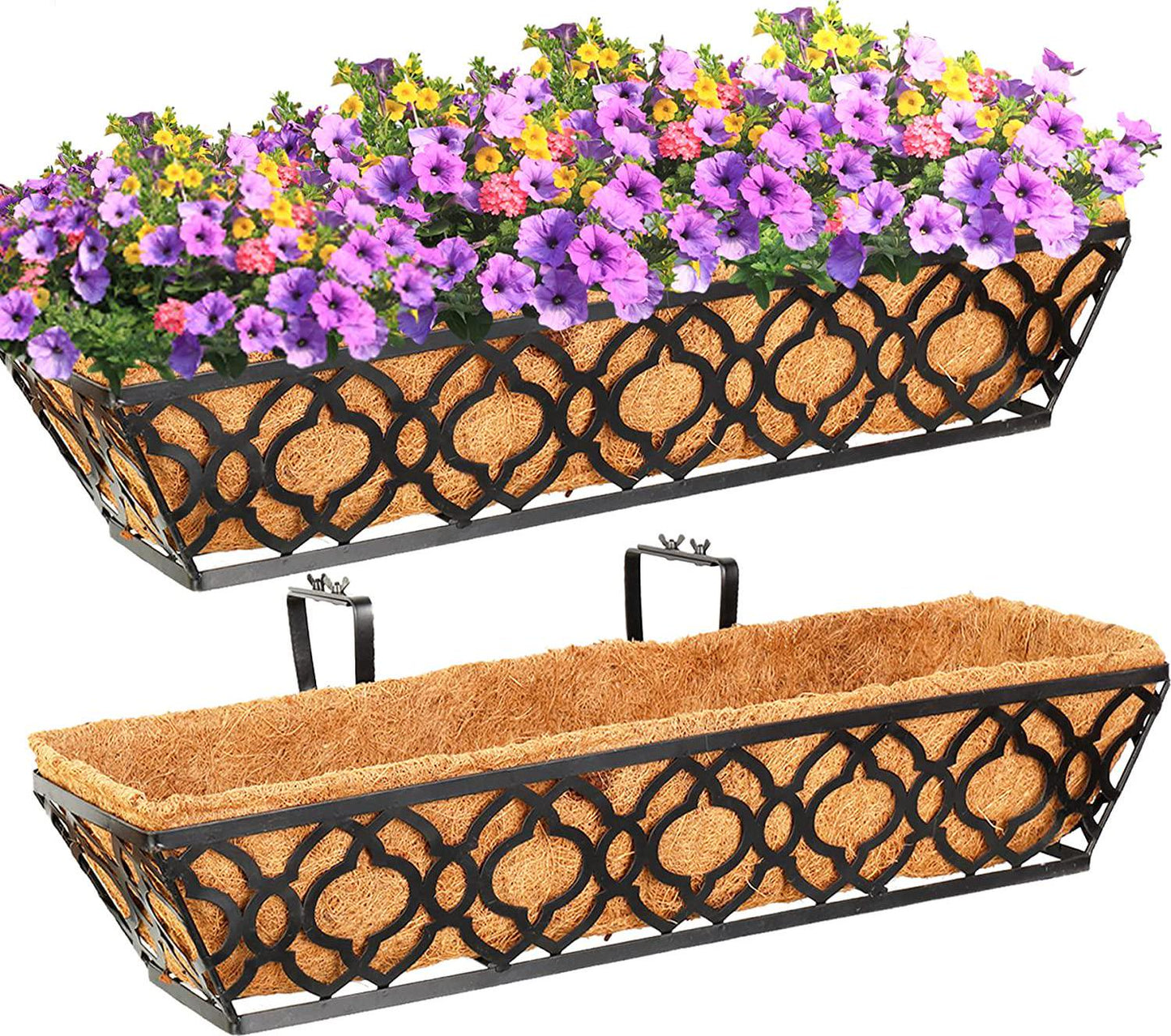 LAWYAMAI 2pcs 24 Inch Window Deck with Coco Liner, 24 Window Boxes Horse Trough with Coconut Coir Liner,Metal Hanging Flower Planter Window Basket Deck Railing Planter Boxes for Outdoor Indoor Lawn-