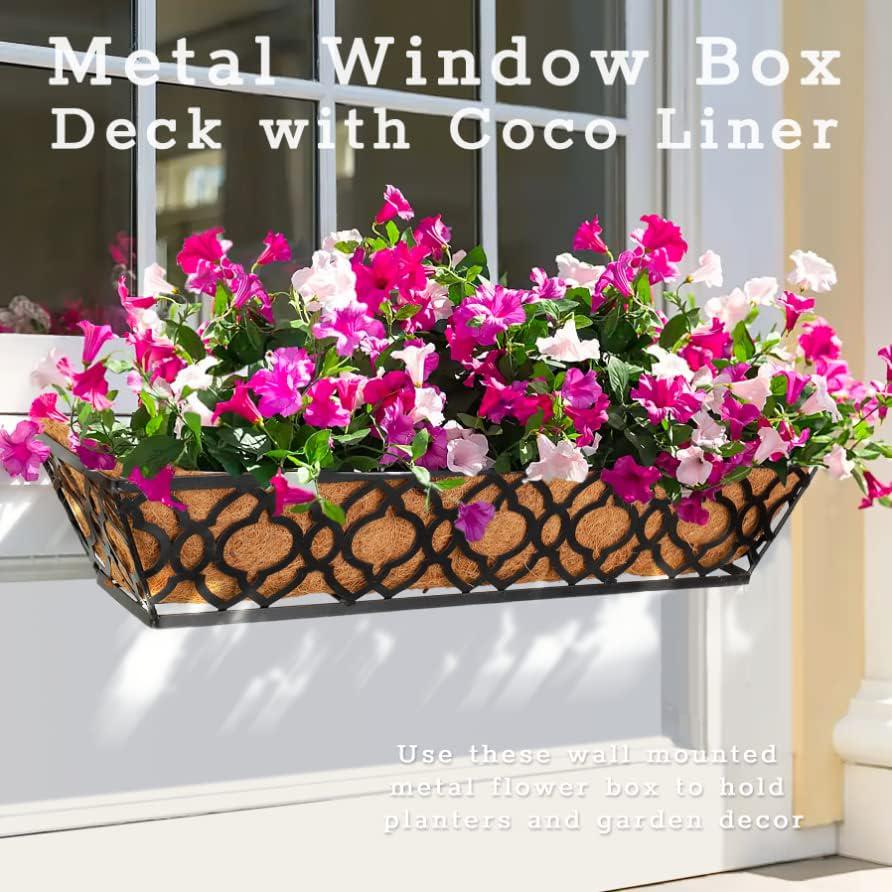LAWYAMAI 2pcs 24 Inch Window Deck with Coco Liner, 24 Window Boxes Horse Trough with Coconut Coir Liner,Metal Hanging Flower Planter Window Basket Deck