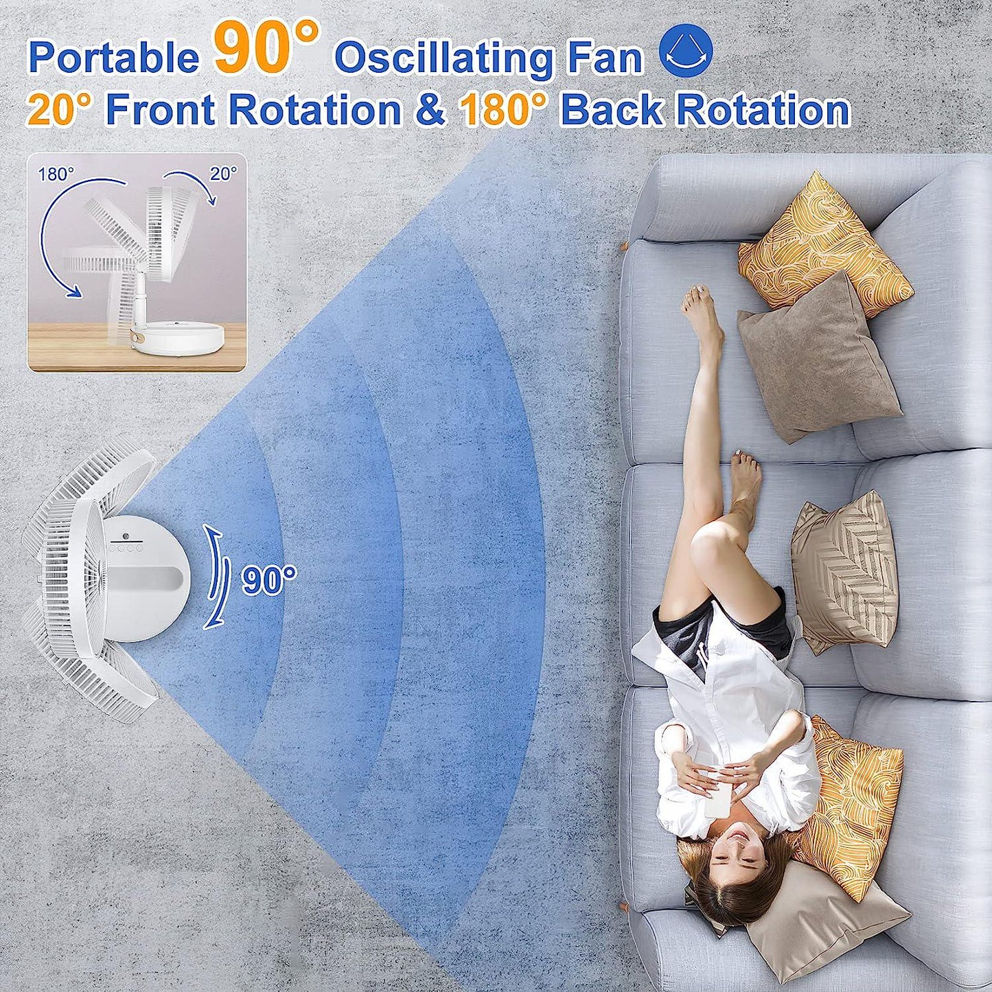 Foldable Oscillating Standing Fan with Remote, 10 Portable Quiet Table Fan, 10800mah Battery Rechargeable USB C Stand Up Floor Fan Pedestal Fan