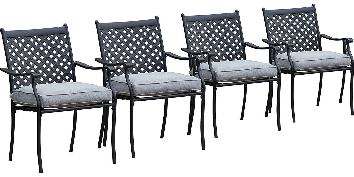 LOKATSE HOME 4 Piece Outdoor Patio Metal Wrought Iron Dining Chair Set with Arms and Seat Cushions - Grey-