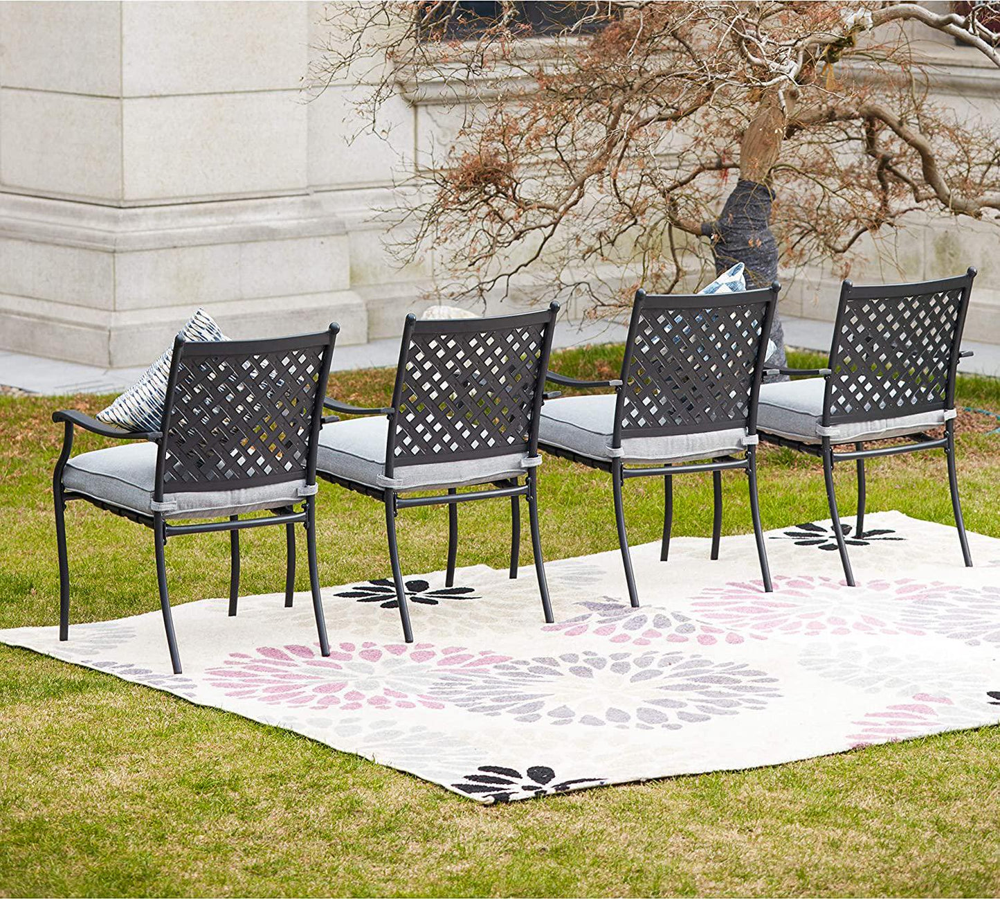 LOKATSE HOME 4 Piece Outdoor Patio Metal Wrought Iron Dining Chair Set with Arms and Seat Cushions - Grey