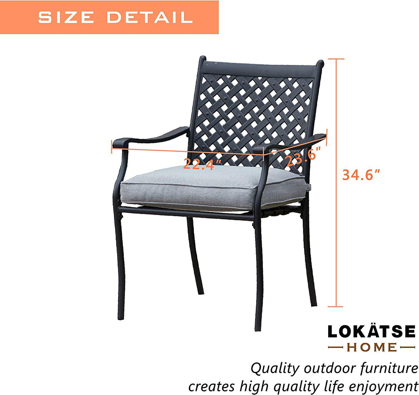 LOKATSE HOME 4 Piece Outdoor Patio Metal Wrought Iron Dining Chair Set with Arms and Seat Cushions - Grey