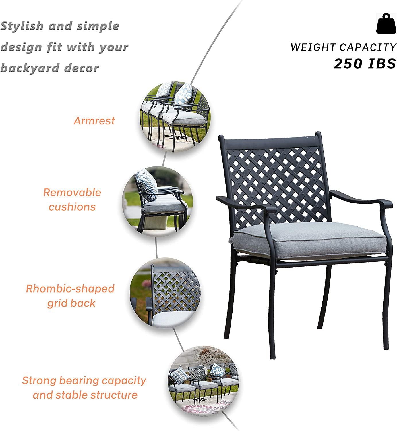 LOKATSE HOME 4 Piece Outdoor Patio Metal Wrought Iron Dining Chair Set with Arms and Seat Cushions - Grey