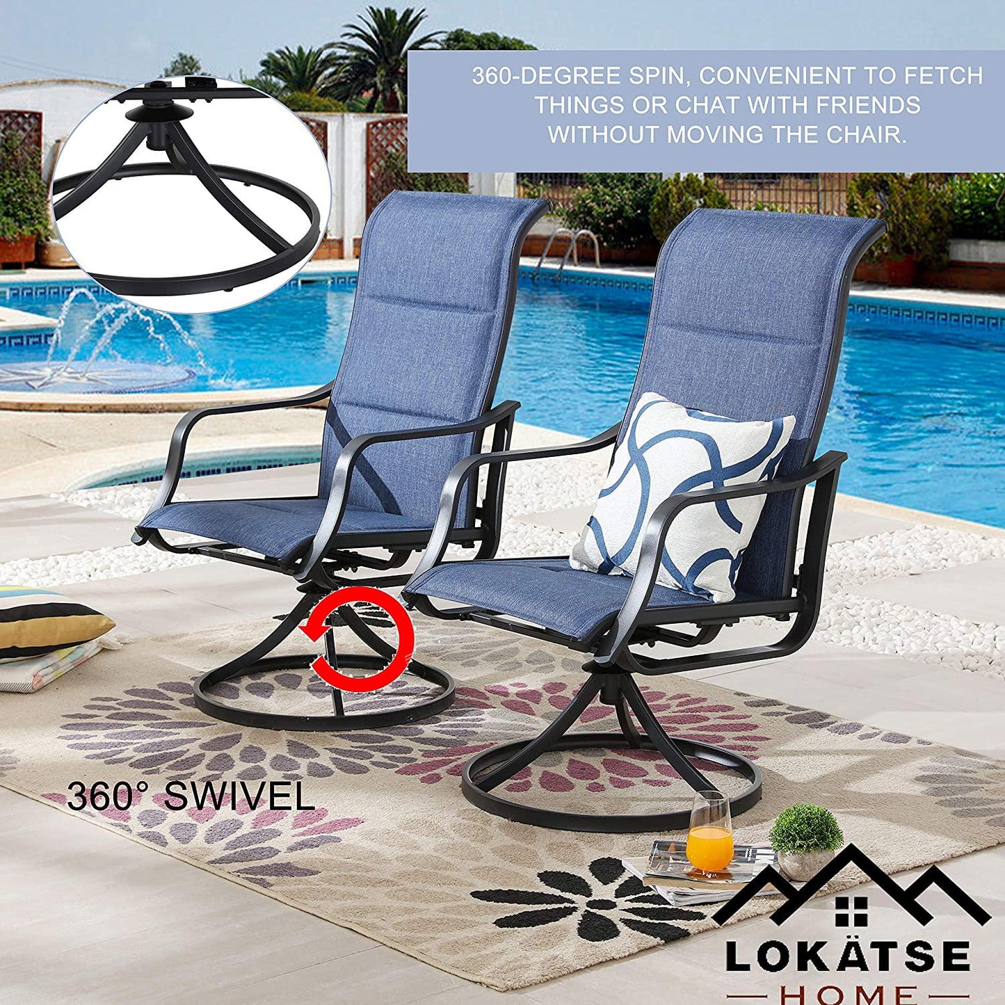 LOKATSE HOME Outdoor Patio Swivel Dining Chair Sling Set with Textilene Fabric All Weather Frame (Set of 2), Blue-1