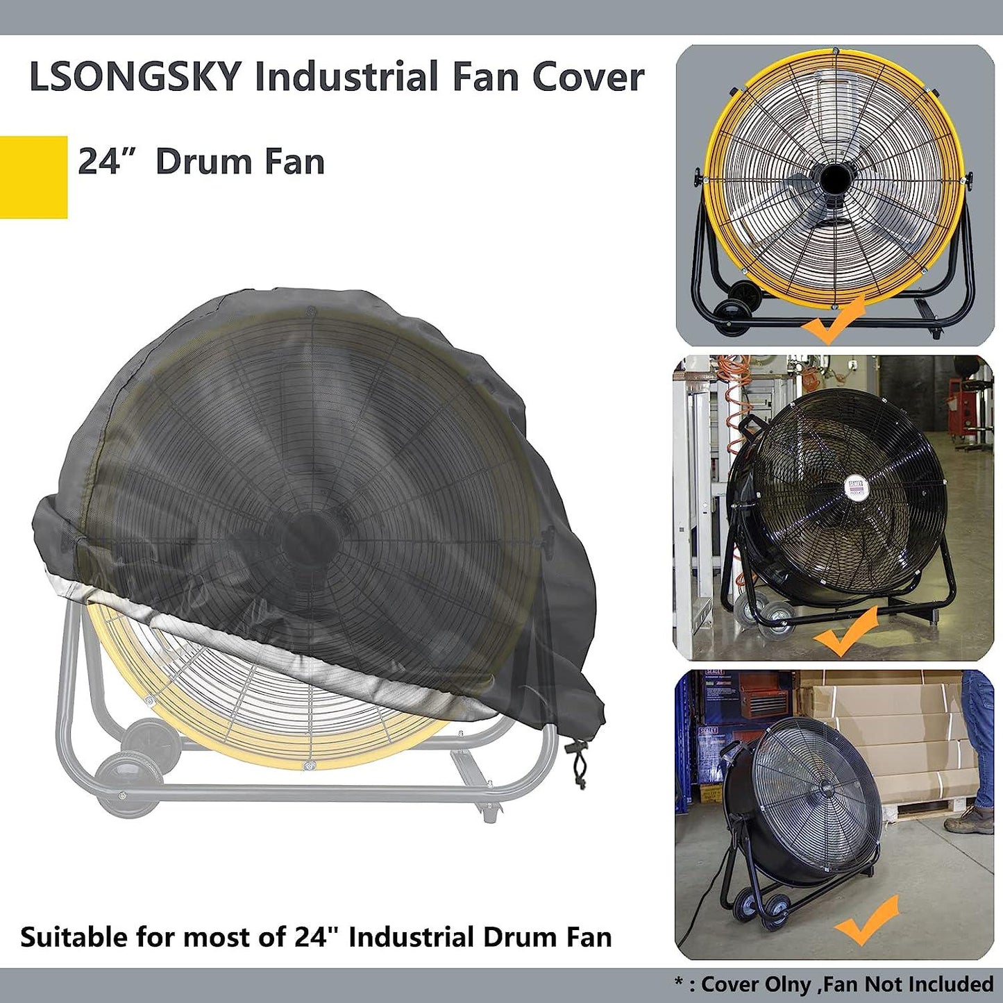 Industrial Fan Cover,Waterproof&Dustproof Cover Suitable for 24 High Velocity Movement Heavy Duty Drum Fan,Fits up to 29.9 x 8.6 x 29.9 inches,Black