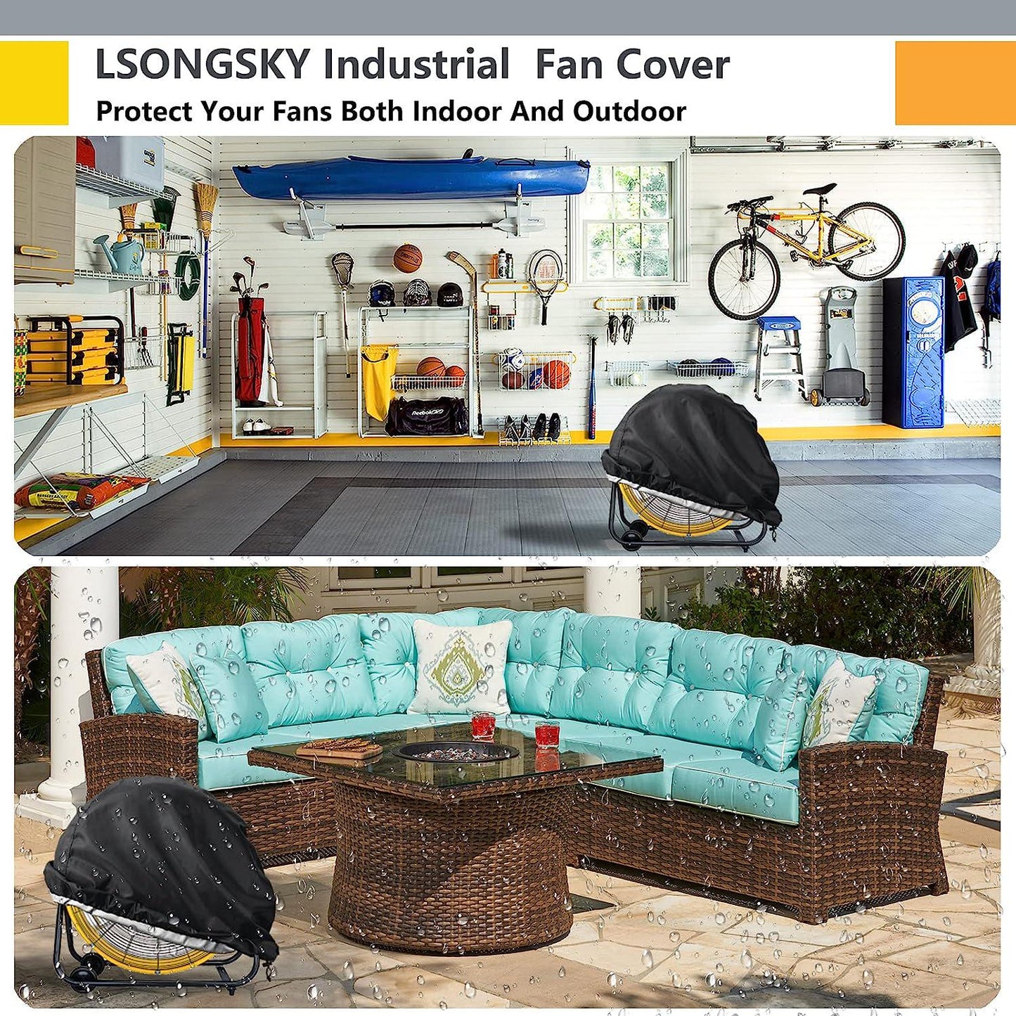 Industrial Fan Cover,Waterproof&Dustproof Cover Suitable for 24 High Velocity Movement Heavy Duty Drum Fan,Fits up to 29.9 x 8.6 x 29.9 inches,Black