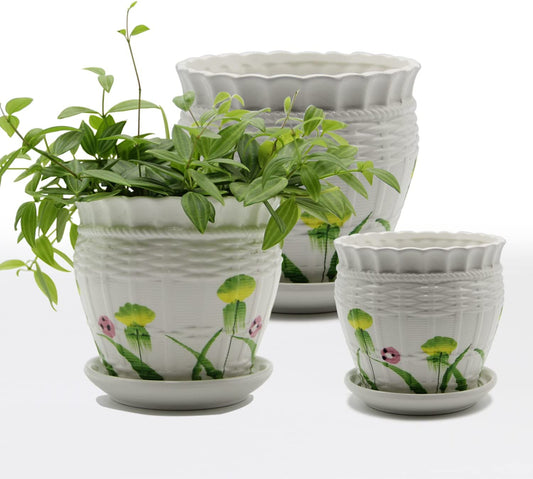 La' Pure Ceramic Plant Pot,Flower Plant Pots Indoor Outdoor with Saucers,Small to Medium Sized Round Modern Ceramic Garden Flower Pots Plant Pots 25003 (White-2)-