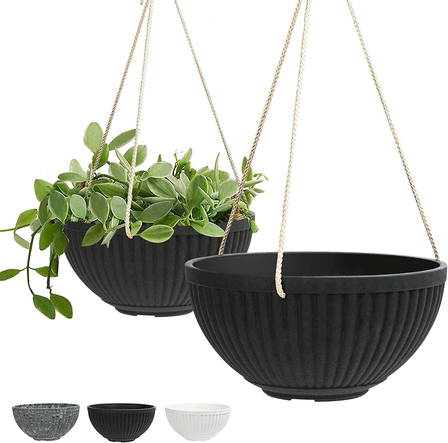 LaDoVita Hanging Planter Indoor, 10 Inch Hanging Basket Plant Pot Outdoor, Flower Pots with Drainage Holes, Set of 2, Frosted Black-