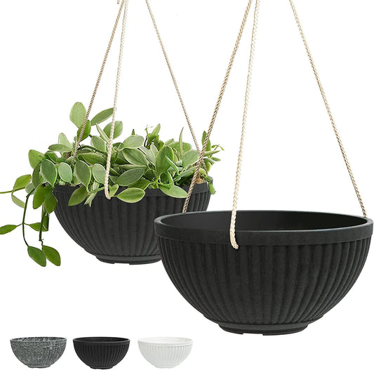 LaDoVita Hanging Planter Indoor, 10 Inch Hanging Basket Plant Pot Outdoor, Flower Pots with Drainage Holes, Set of 2, Frosted Black-