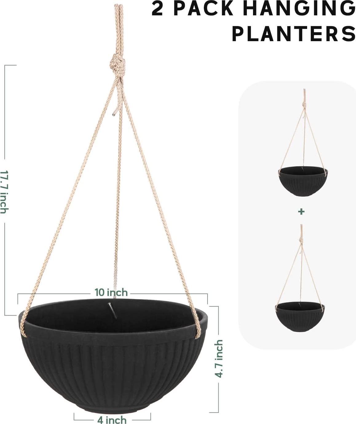 LaDoVita Hanging Planter Indoor, 10 Inch Hanging Basket Plant Pot Outdoor, Flower Pots with Drainage Holes, Set of 2, Frosted Black