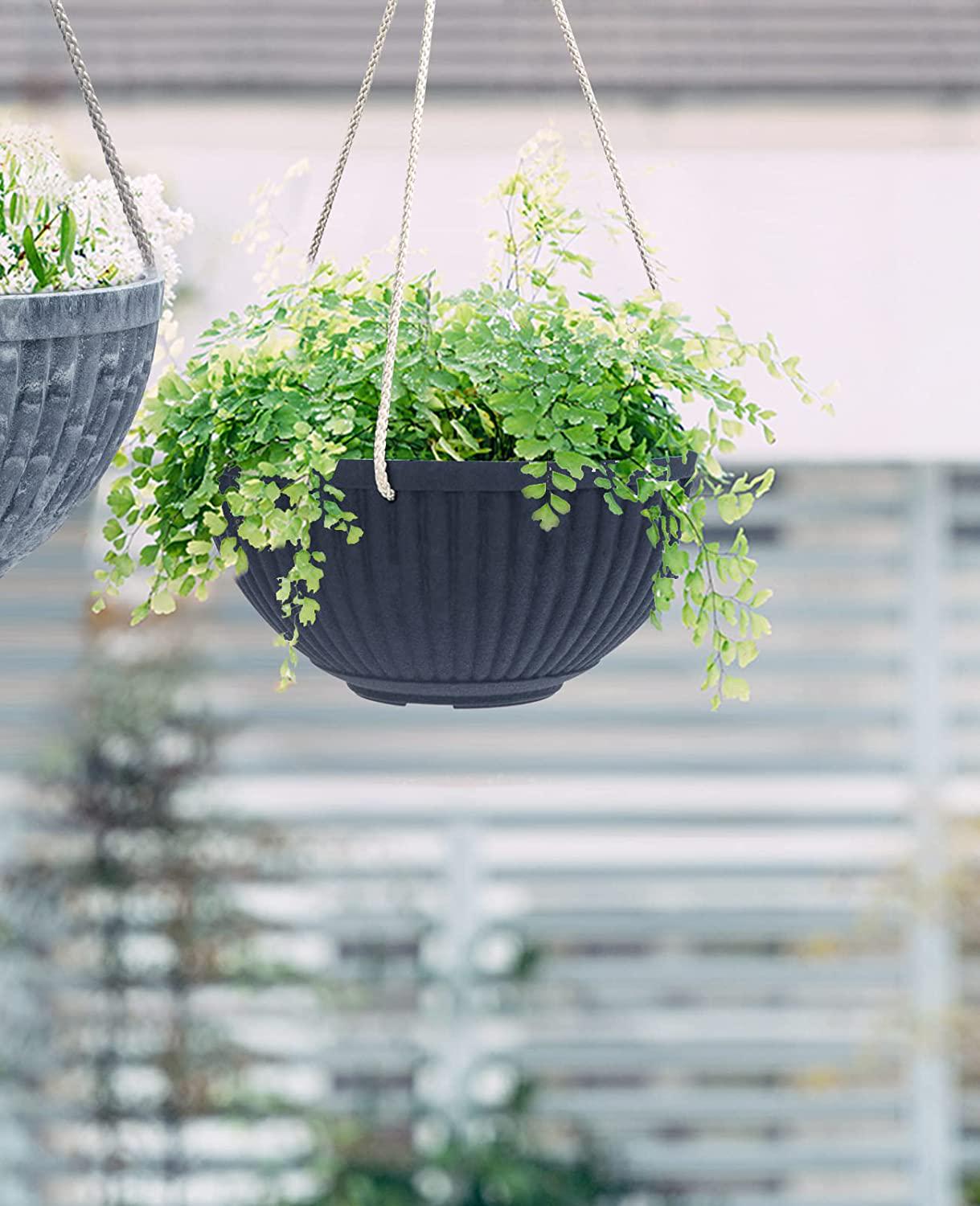 LaDoVita Hanging Planter Indoor, 10 Inch Hanging Basket Plant Pot Outdoor, Flower Pots with Drainage Holes, Set of 2, Frosted Black