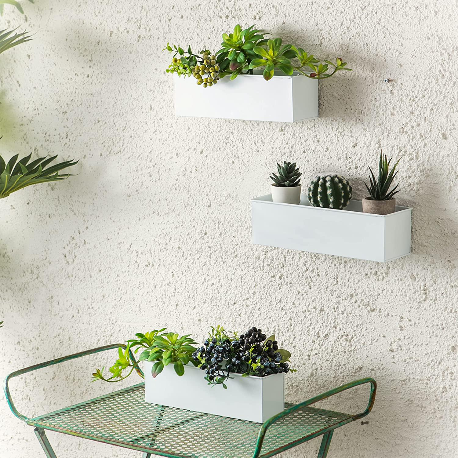 LaLaGreen Wall Planter - 3 Pack, 12 Inch Wall Hanging Plant Holders White, Large Long Rectangular Metal Wall Mounted Flower Pots, Window Sill Planter Box Fence Railings Floating Shelve Indoor Outdoor-