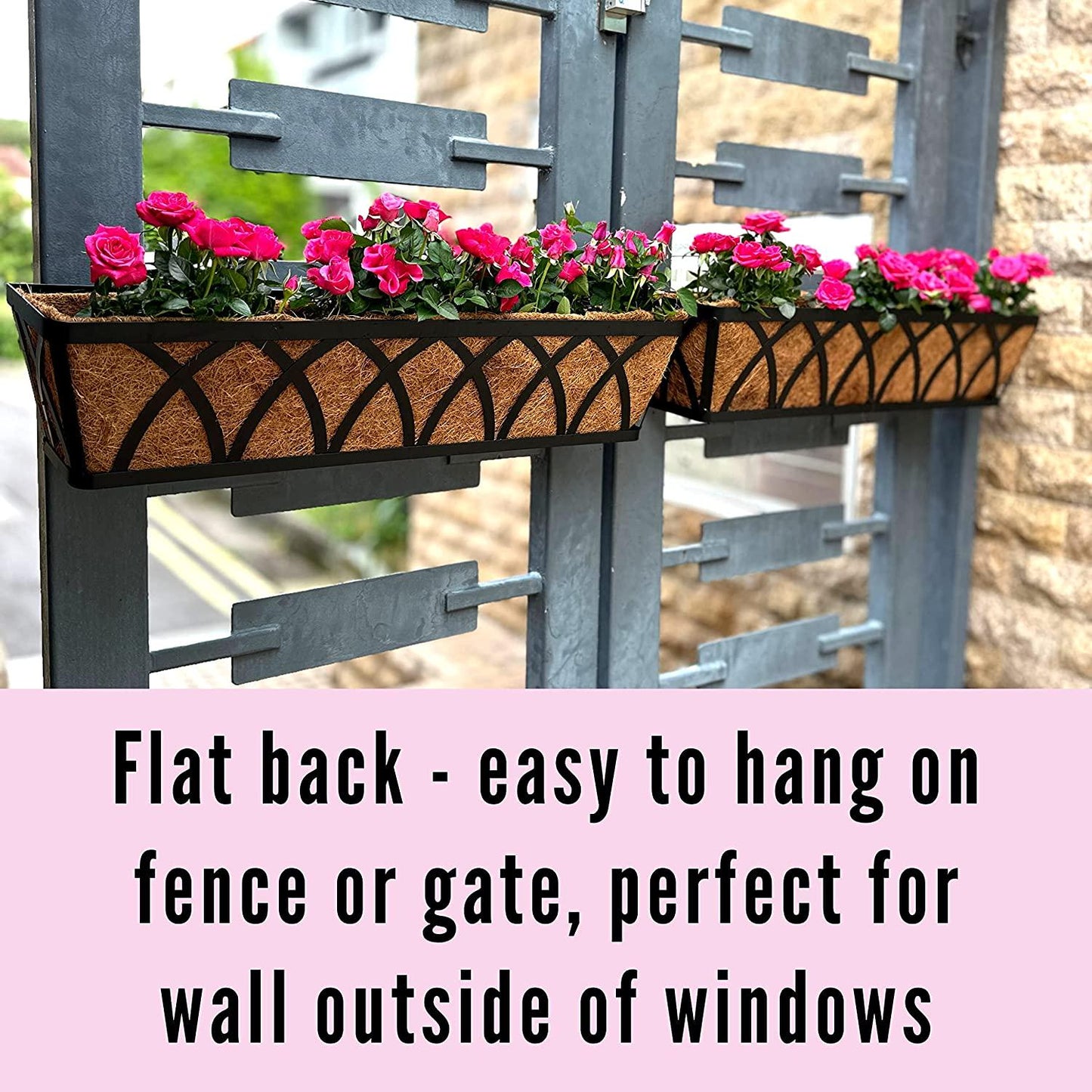 Wall Planters, 4 Pack, 24 Inch Large Fence Planters for Outdoor Plants with Coco Liner Metal Deck Rail Railing Flower Basket Window Box Attach House Outside Horse Trough Porch Balcony Garden