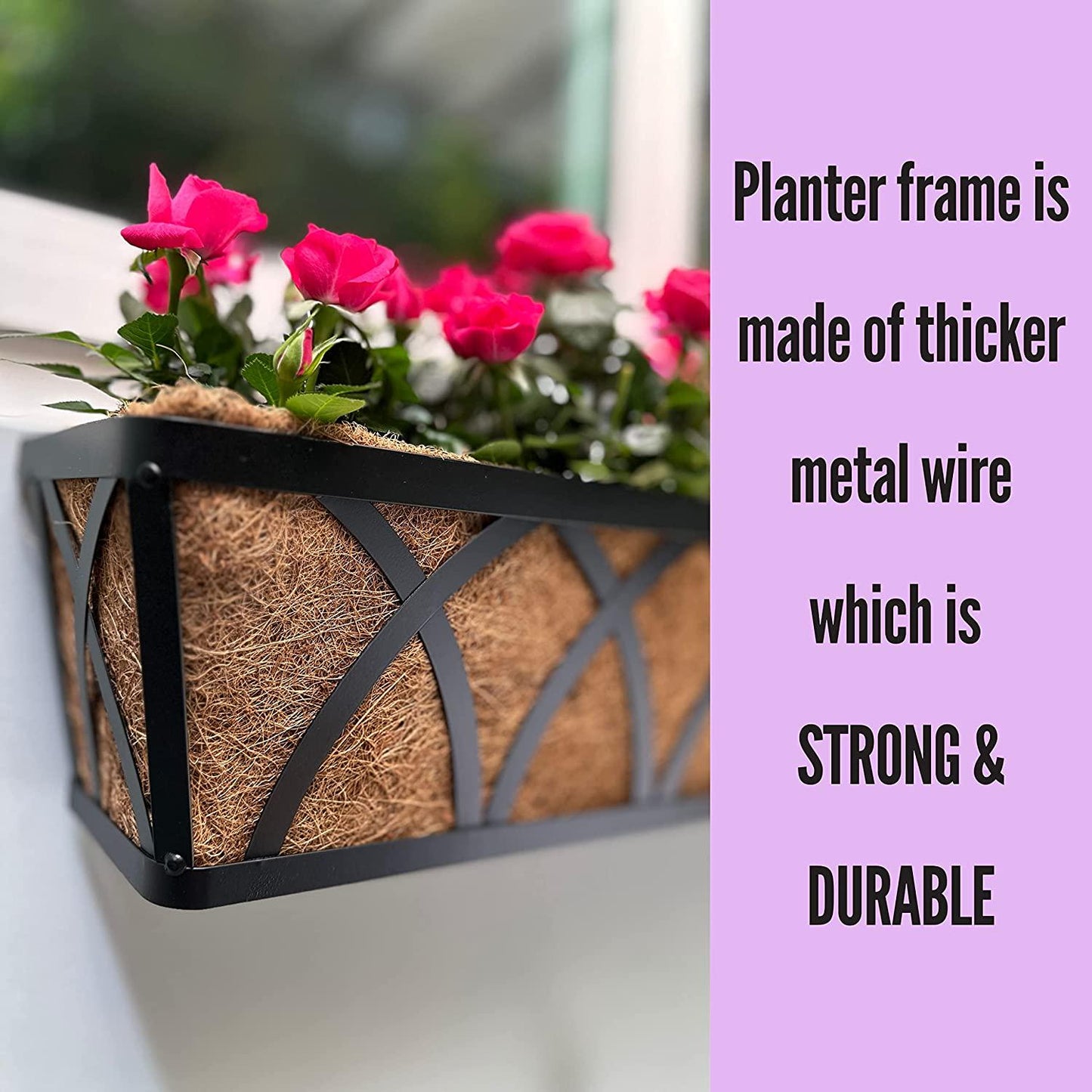 Wall Planters, 4 Pack, 24 Inch Large Fence Planters for Outdoor Plants with Coco Liner Metal Deck Rail Railing Flower Basket Window Box Attach House Outside Horse Trough Porch Balcony Garden