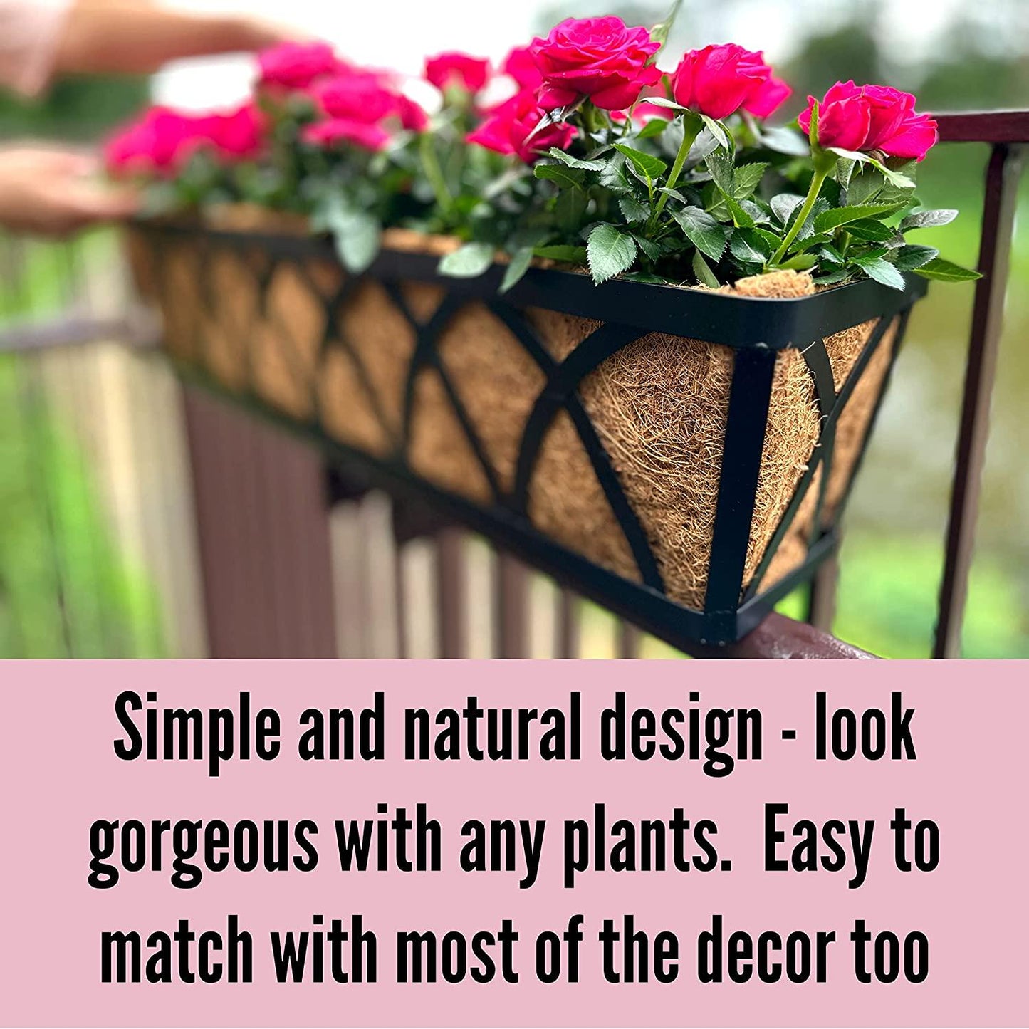 Wall Planters, 4 Pack, 24 Inch Large Fence Planters for Outdoor Plants with Coco Liner Metal Deck Rail Railing Flower Basket Window Box Attach House Outside Horse Trough Porch Balcony Garden