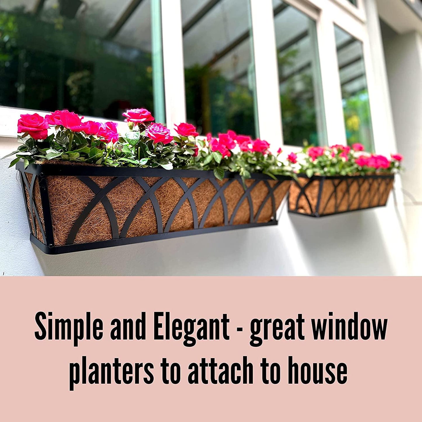 Wall Planters, 4 Pack, 24 Inch Large Fence Planters for Outdoor Plants with Coco Liner Metal Deck Rail Railing Flower Basket Window Box Attach House Outside Horse Trough Porch Balcony Garden