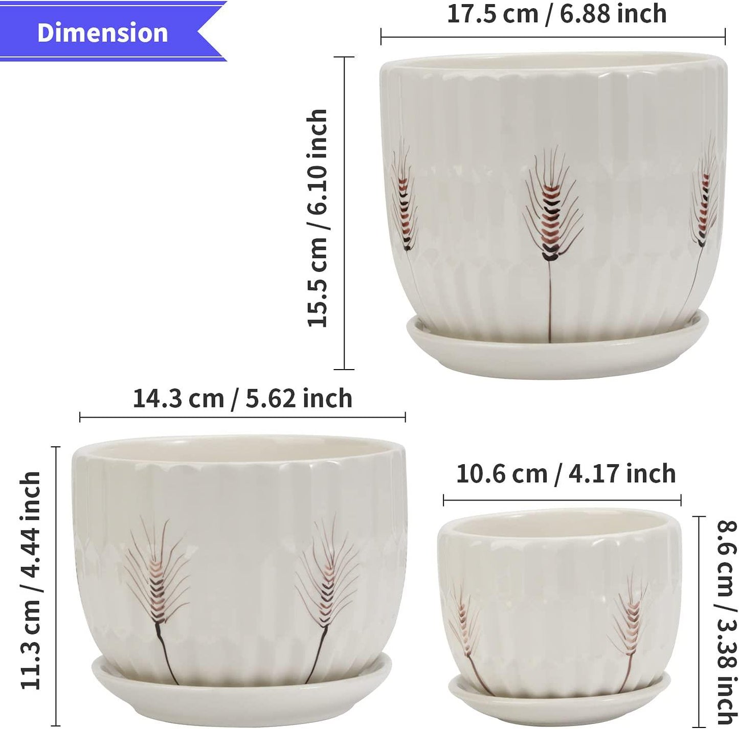 Laerjin Plant Pots 4.17 and 5.62 and 6.88 Flower Pot with Drainage Holes and Saucers, Set of 3 Ceramic Plant Pot with Tray, Outdoor Small to Medium Sized Round Modern Ceramic Garden Flower Pots