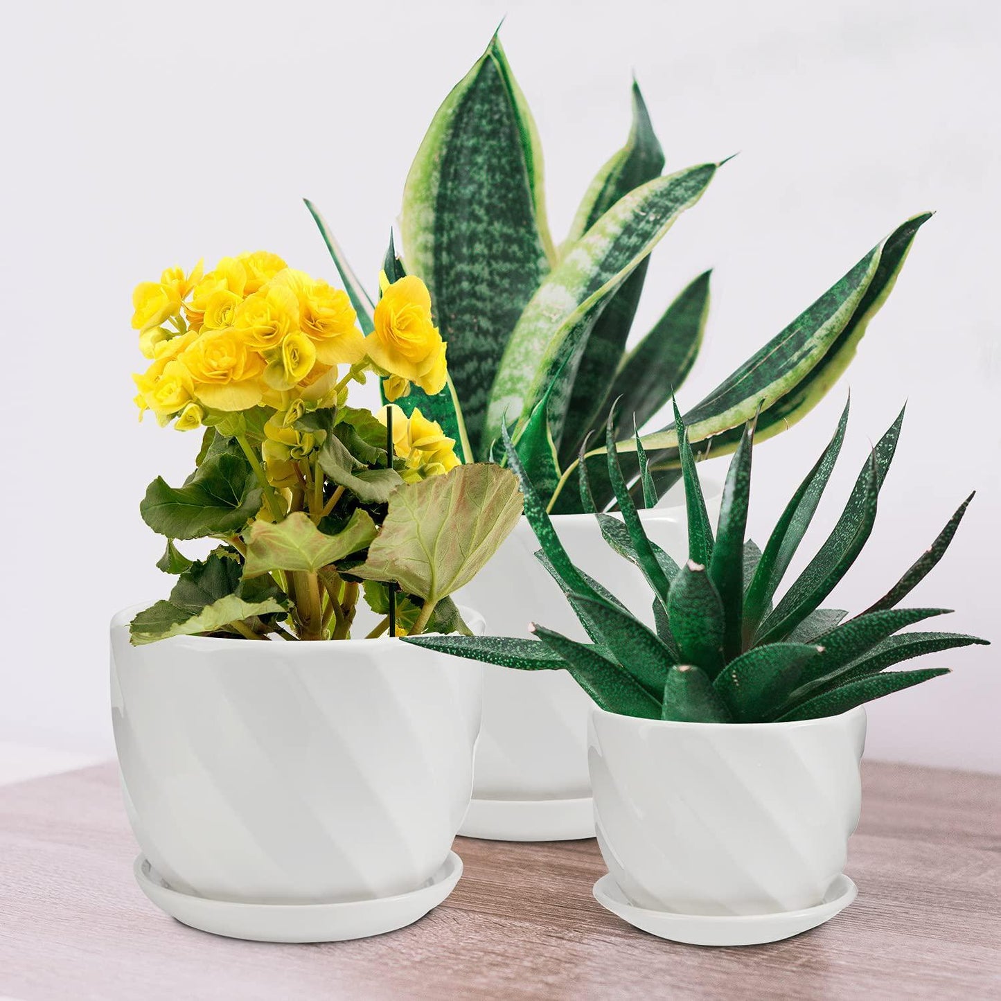 Laerjin Plant Pots, 4.05 and 5.51 and 6.77 Flower Pot, Ceramic Garden Plant Pots with Connected Saucer for Garden, Set of 3 in Different Sizes