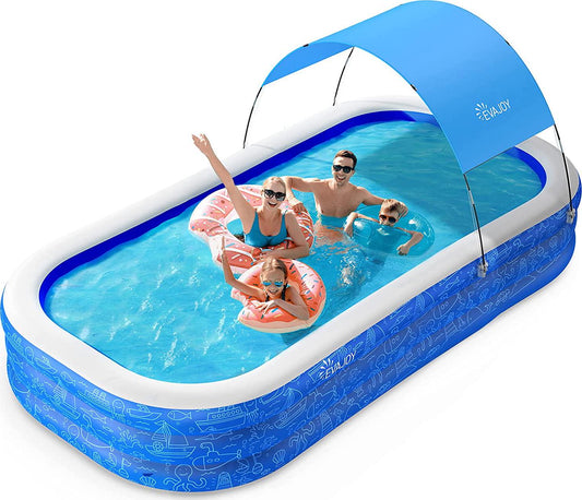 Large Inflatable Swimming Pool with Canopy, 150 x 70 x 20 Full-Sized Inflatable Pool for Kids and Adults, Kiddie Pool with Sun Shade, Blow Up Pool for Backyard, Garden, Age 3+, Blue-