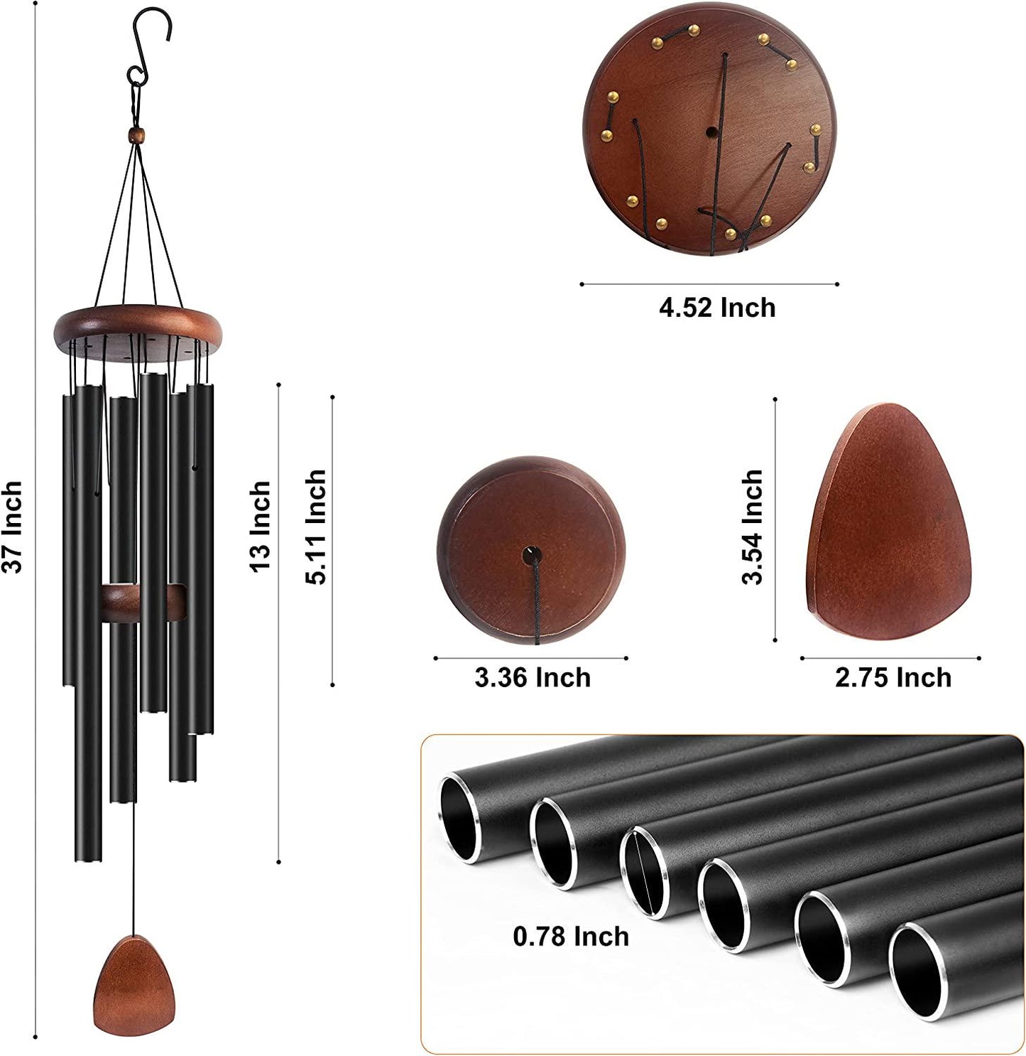 Large Aluminium Wind Chimes 37 Inches to Create a Zen Atmosphere for Outdoor, Garden, Patio Decoration with Wind Catcher, Classic Black, Suitable as A Gift for Unisex