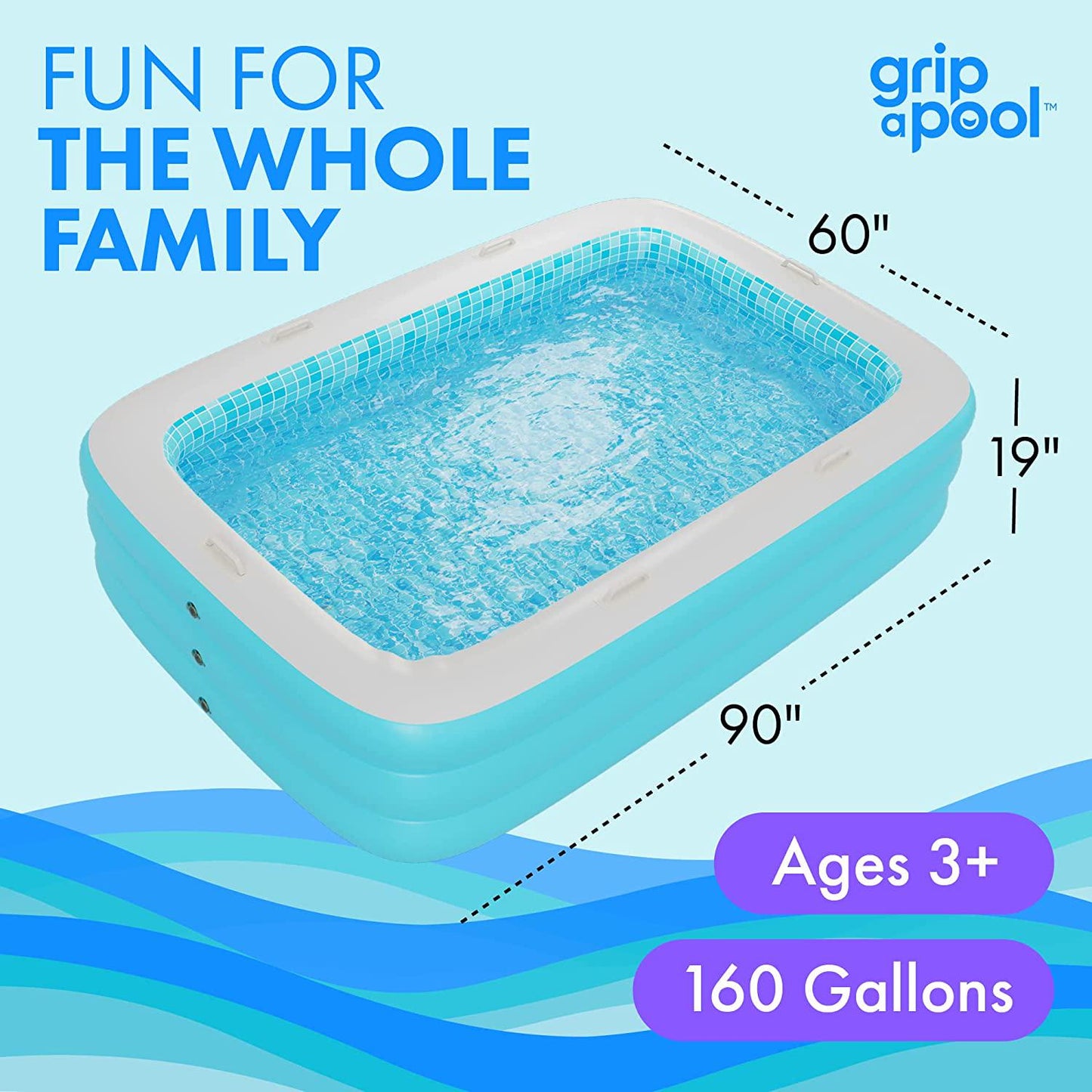 Large Inflatable Family Size Kids and Adult Swimming Pool with Handles and Blow Up Padded Soft Floor with Drain - 90 x60 x19 Inflatable Kiddie Pool Perfect Big Backyard Pool