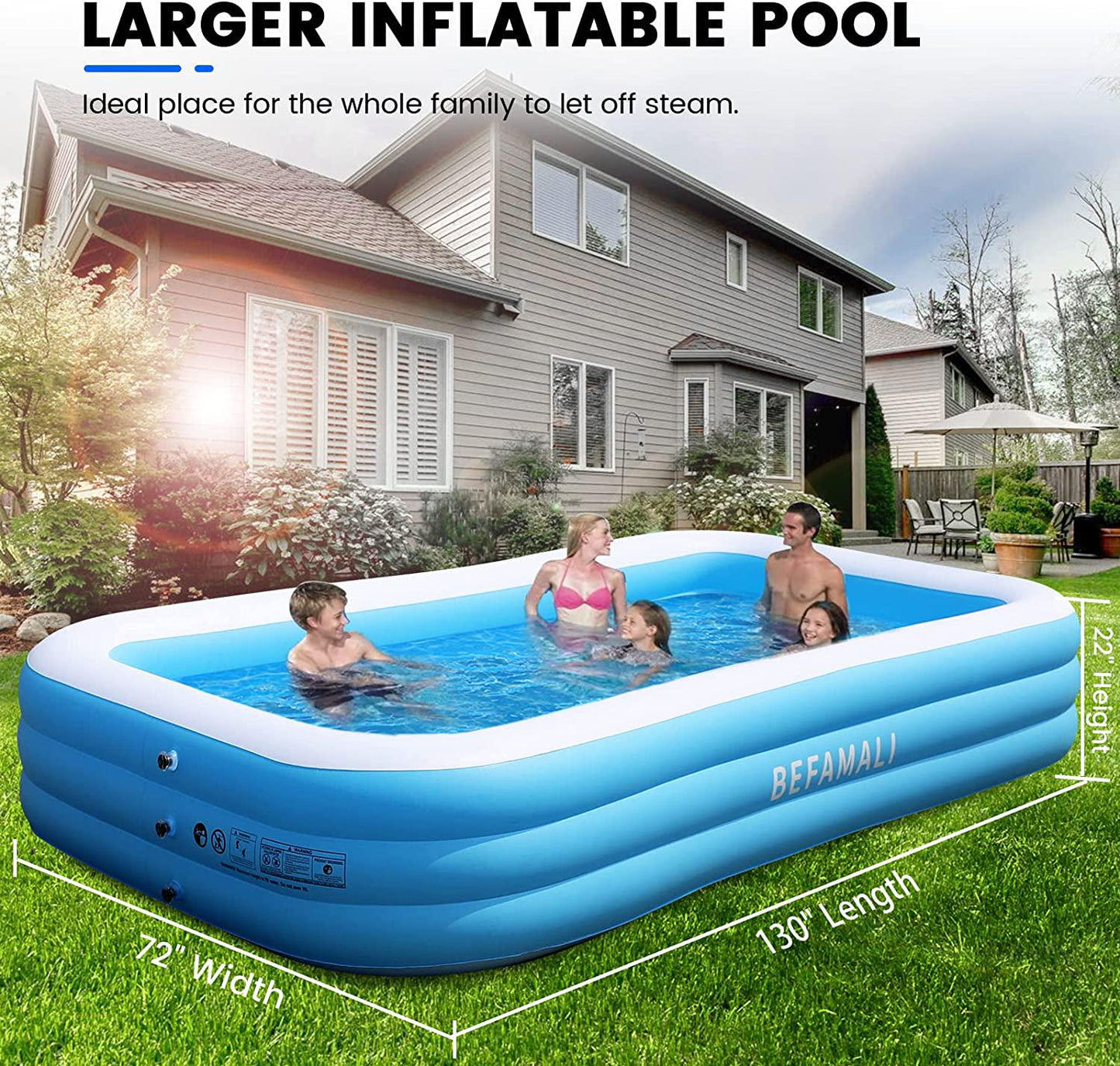 Large Inflatable Pool with Pump - 130'' x 72'' x 22''Family Swimming Pool for Adults