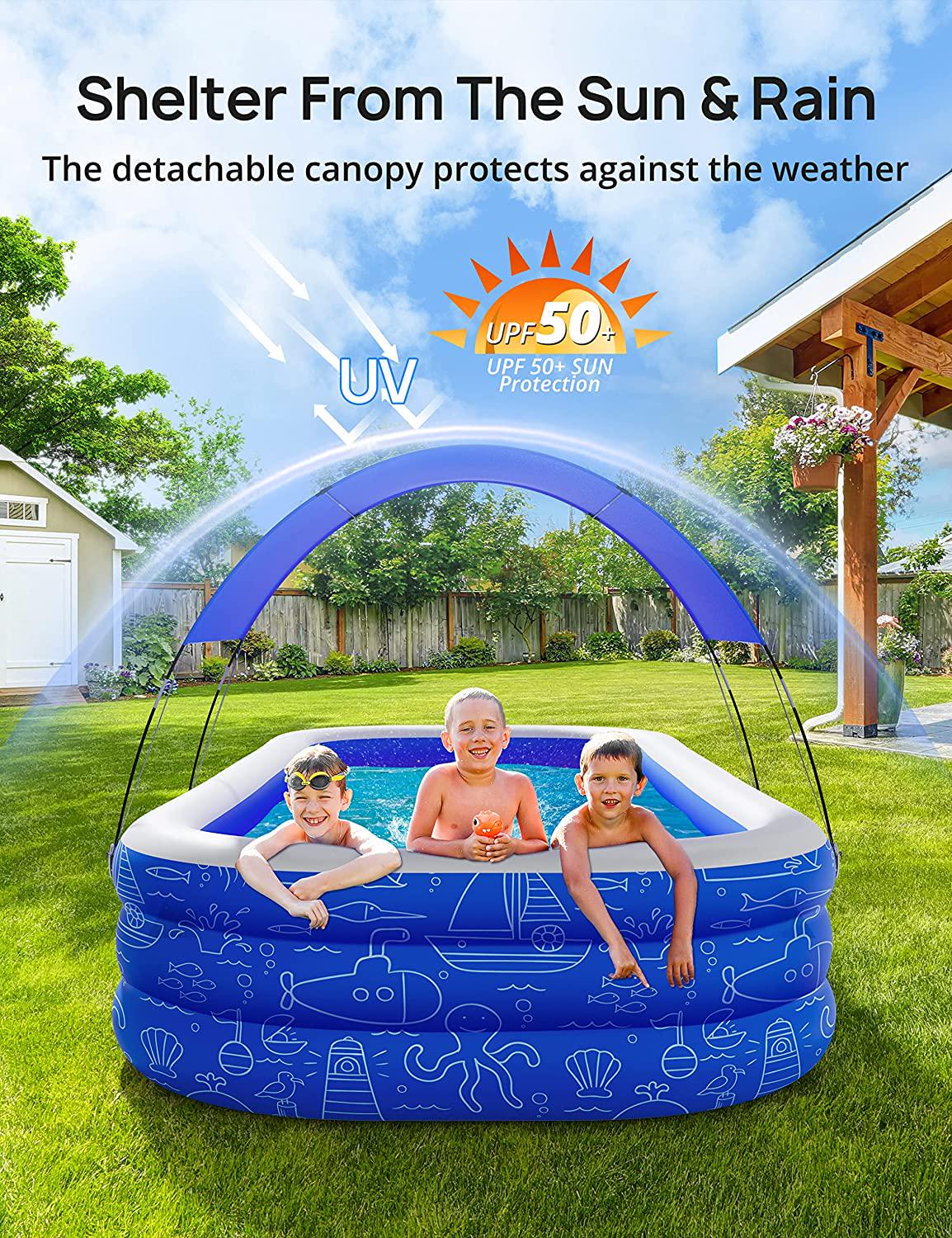 Large Inflatable Swimming Pool with Canopy, 150 x 70 x 20 Full-Sized Inflatable Pool for Kids and Adults, Kiddie Pool with Sun Shade, Blow Up Pool for Backyard, Garden, Age 3+, Blue