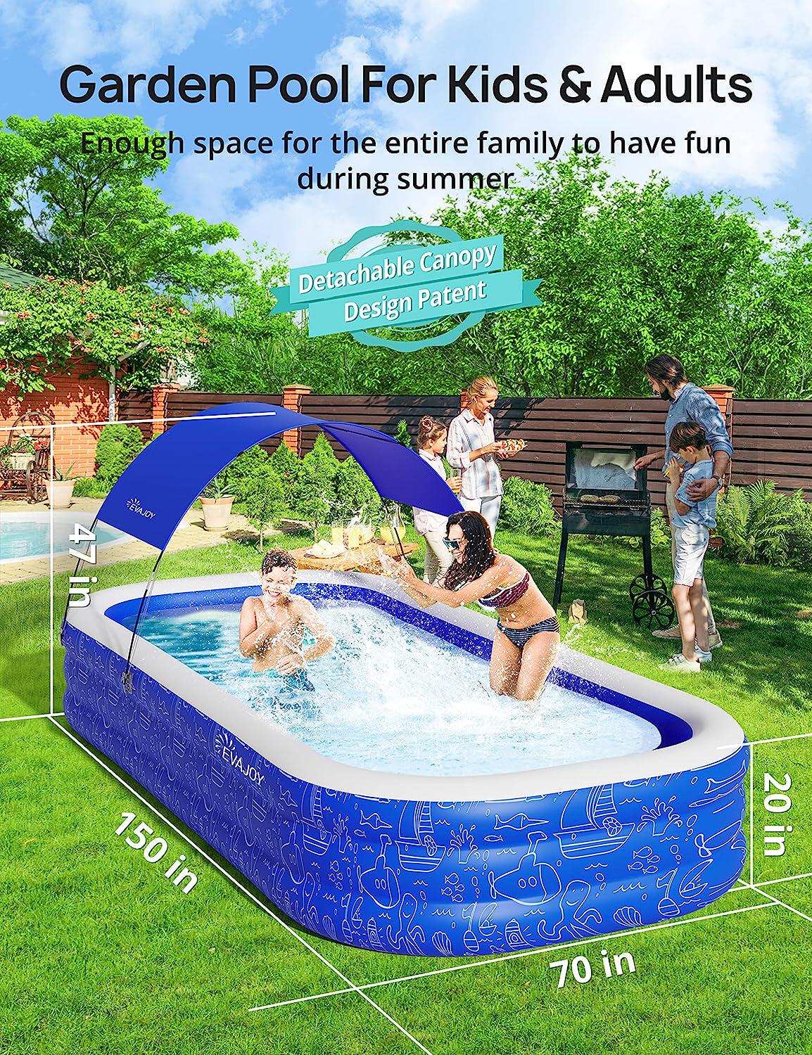 Large Inflatable Swimming Pool with Canopy, 150 x 70 x 20 Full-Sized Inflatable Pool for Kids and Adults, Kiddie Pool with Sun Shade, Blow Up Pool for Backyard, Garden, Age 3+, Blue