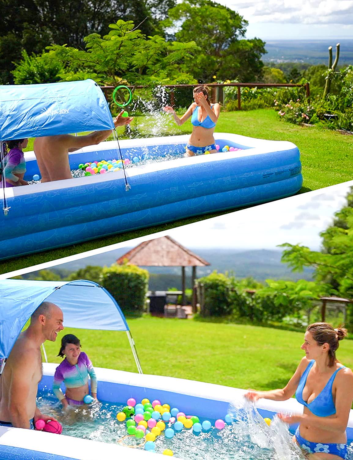 Large Inflatable Swimming Pool with Canopy, 150 x 70 x 20 Full-Sized Inflatable Pool for Kids and Adults, Kiddie Pool with Sun Shade, Blow Up Pool for Backyard, Garden, Age 3+, Blue