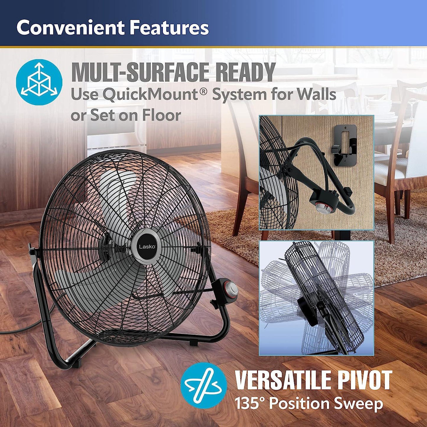 High Velocity Floor Fan with Wall mount Option, 3 Powerful Speeds, Pivoting Fan Head for Home, Garage, Attic, 20 , Black, 2264QM
