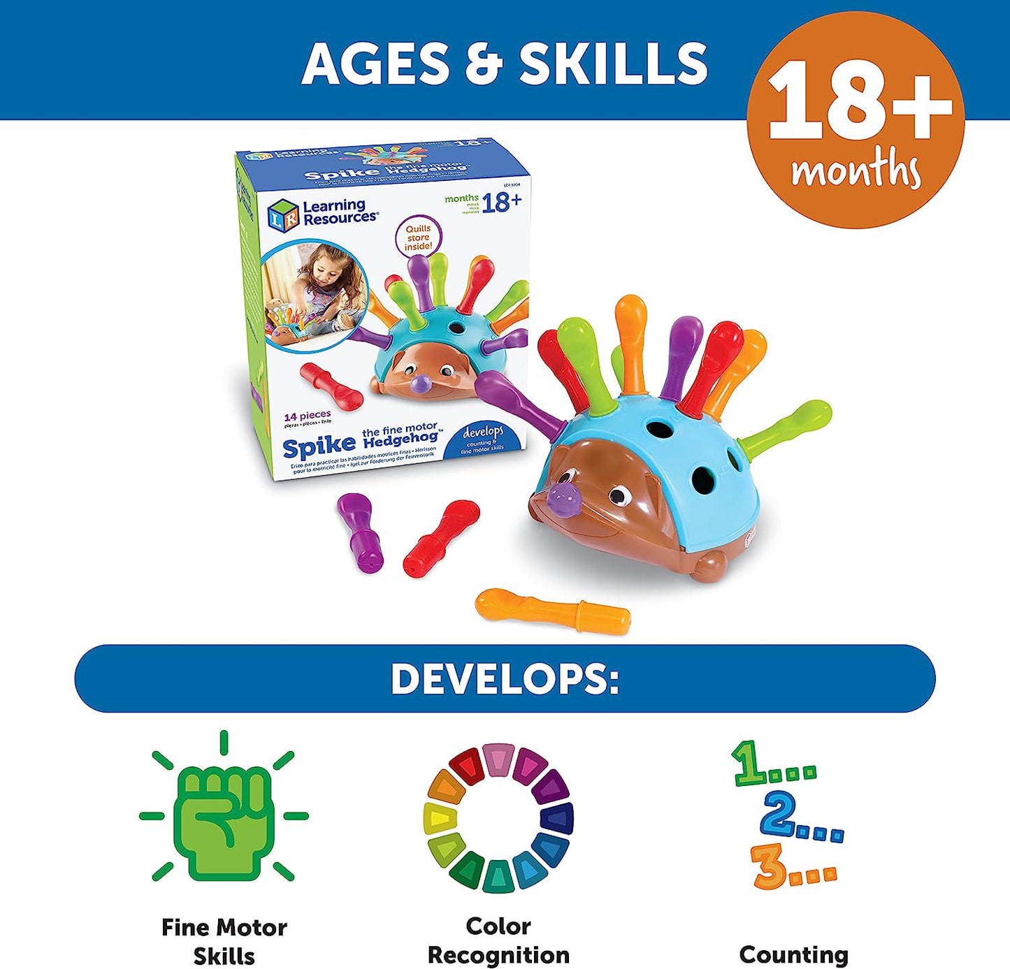 Learning Resources Spike The Fine Motor Hedgehog - 14 Pieces, Ages 18+ months Toddler Learning Toys,