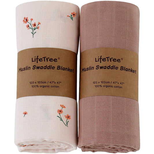 LifeTree Baby Girl Swaddle Blankets, Muslin Swaddling Wrap Neutral Receiving Blanket for Newborn, 100% Organic Cotton, Large 47 x 47 inches, Solid Color/Flower Print-