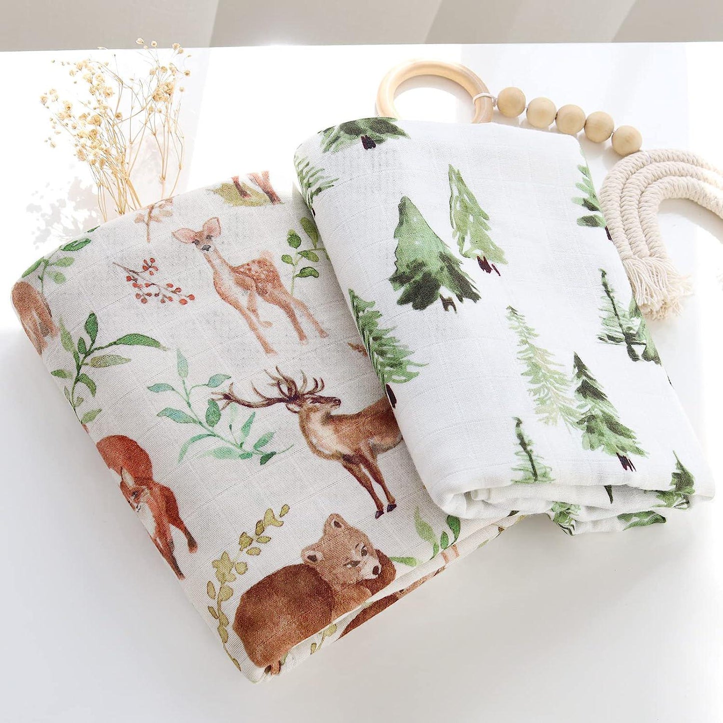 LifeTree Muslin Swaddle Blankets Neutral, Woodland Baby Swaddling Wrap Nursery Receiving Blanket for Boys and Girls Unisex, Soft Bamboo Cotton, Large 47 x 47 inches