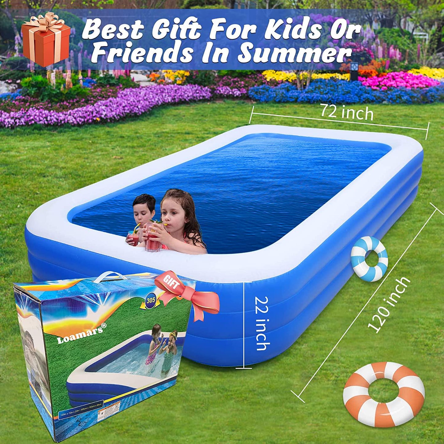 Loamars Inflatable Pool for Adults, 120 * 72 * 22 Inch Inflatable Swimming Pool for Kids, Full-Sized Thickened Family Blow Up Pool, Extra Large Kids Pools