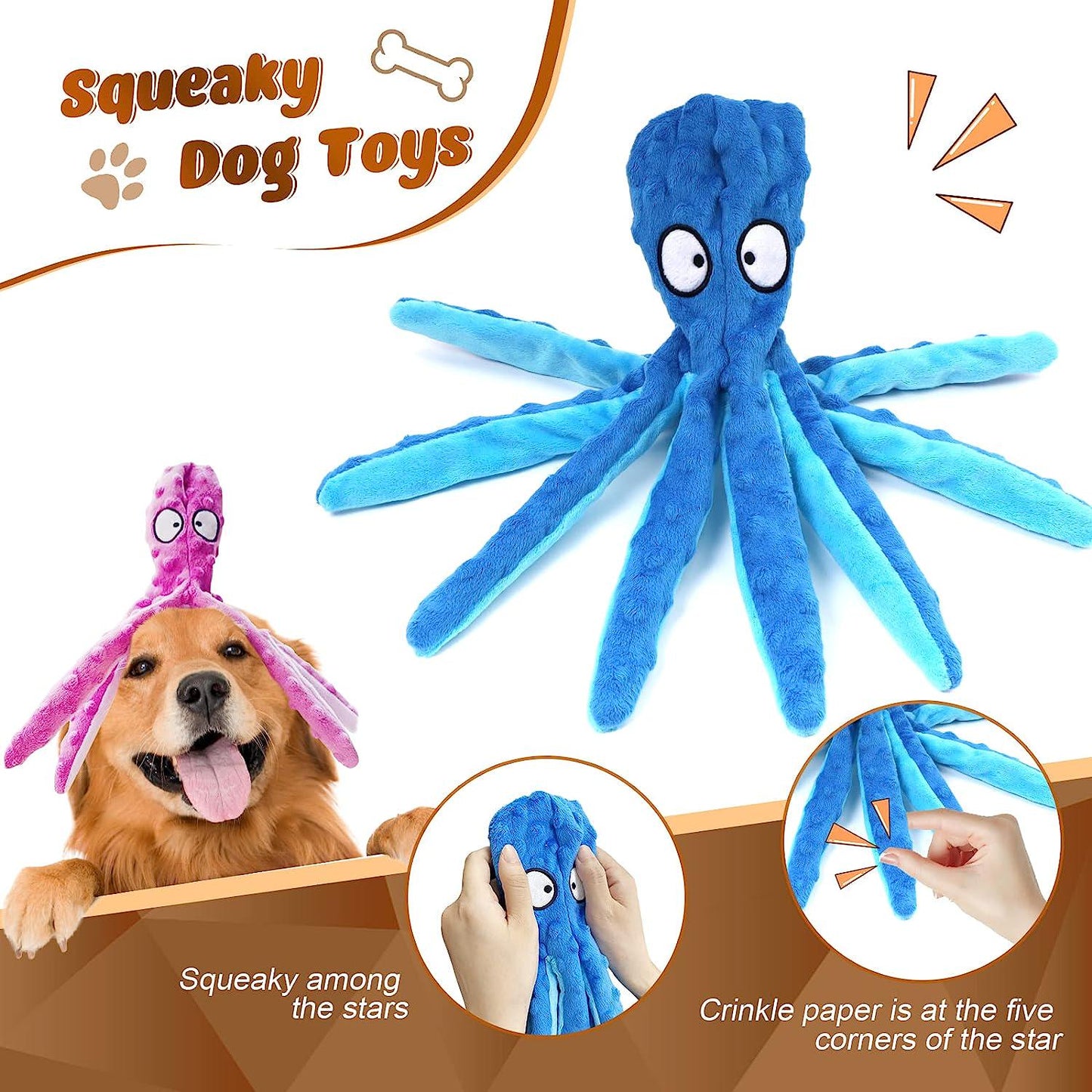 Dog Squeaky Toys Octopus - 3 Pack Dog Toys for Small Dogs, Medium Dogs, Large Dogs, Puppy Teething Chew Toys