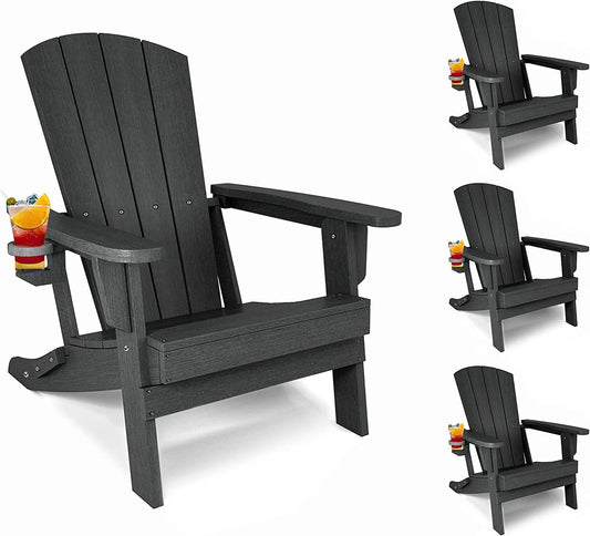 MARVOWARE 4 Pack Folding Adirondack Chair with Cup Holder for Outdoor Patio Lawn Fire Pit Backyard Deck, HDPE Plastic Oversize Composite Chairs Weather Resistant Black-