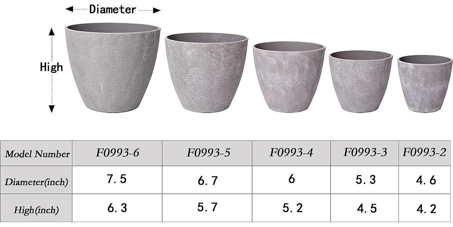 MAYZBO Flower Pots 7.5/6.7/6/5.3/4.6 Inch Plastic Plant Pots Modern Indoor Outdoor Garden Planter Pots with Drainage Holes for All House Plants, Flowers, Succulents and Cactus,Grey