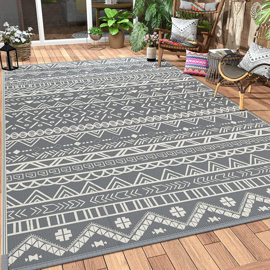 MCOW Boho Outdoor Rugs for Patios, Waterproof Plastic Straw Rug, Reversible Rv Area Mat Clearance for Outside, Camping, Deck, Camper, Porch, Balcony, Backyard, Picnic, Grey&White-
