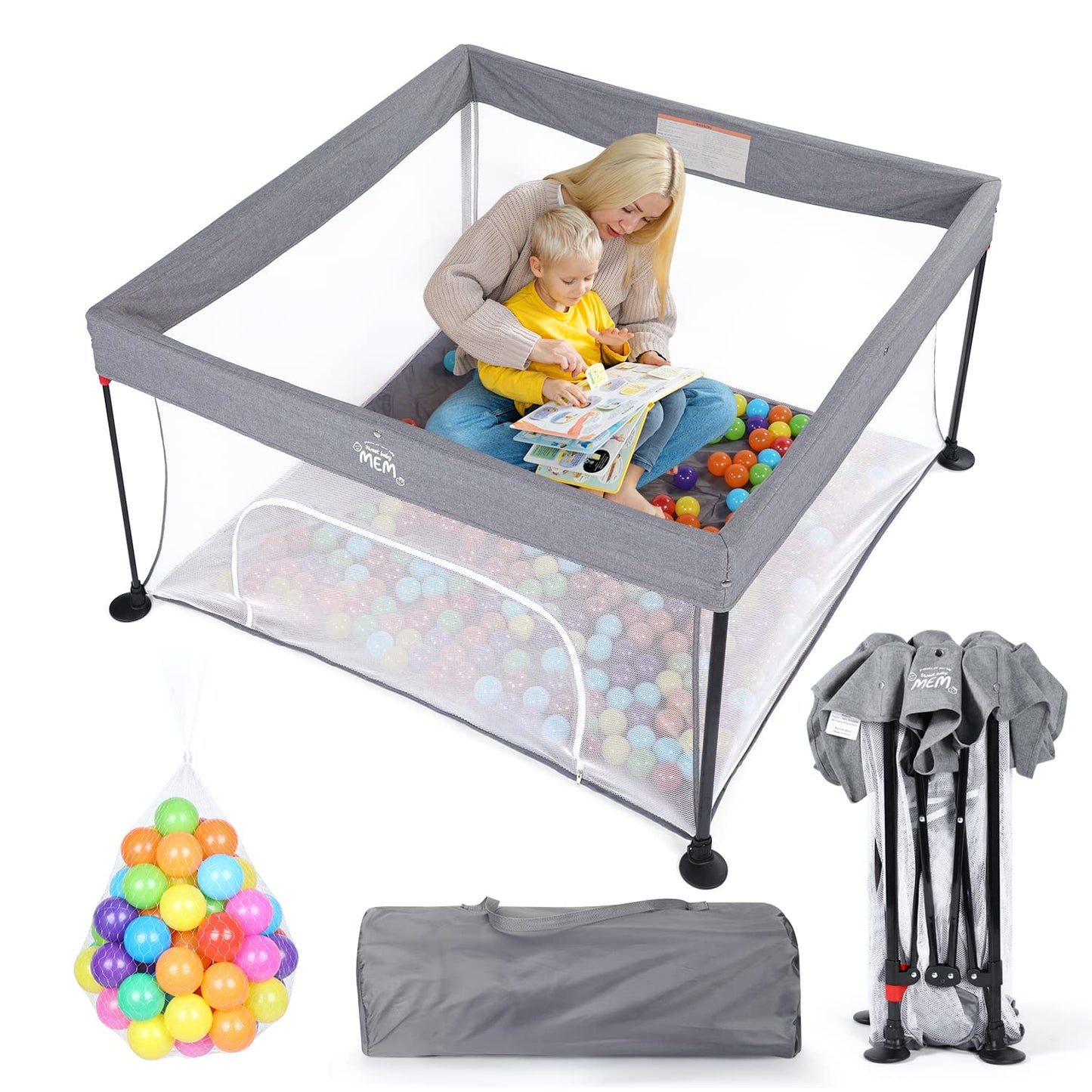 MEM Baby Playpen, Foldable Playpen for Babies and Toddlers, Indoor Outdoor Playpen Baby Activity Center with Zipper Gate-