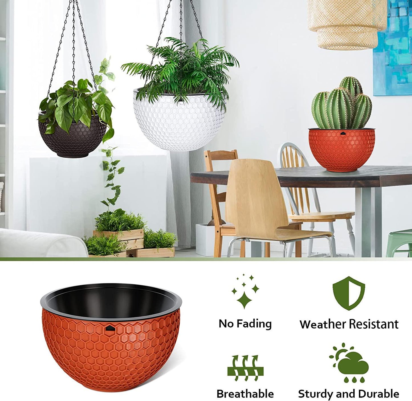 MIPON 3 Pack Hanging Planters for Indoor Outdoor Plants with Pot,6 8 10 Inch Hanging Plant Holder Flower Baskets with Drainage Holes and Removable Saucer for Garden Home Decor