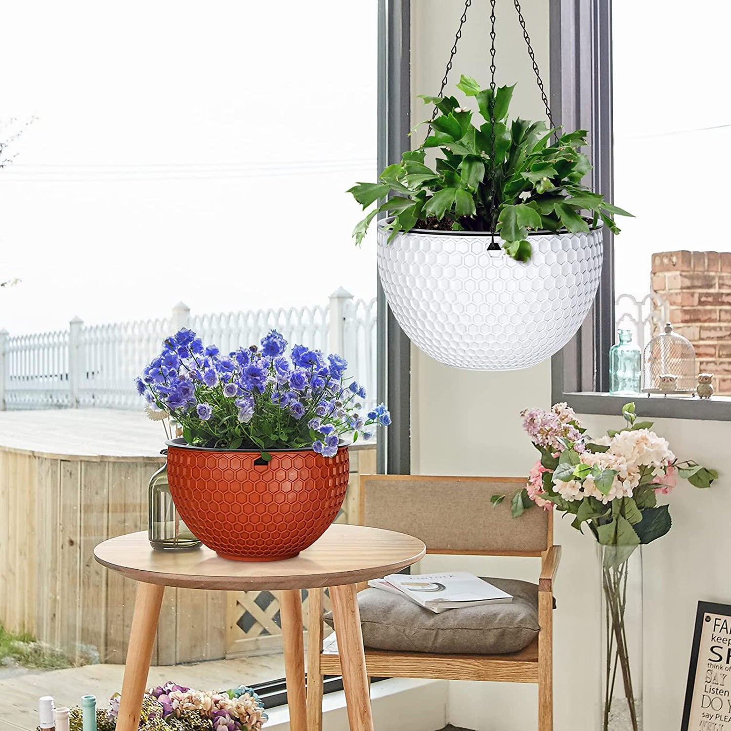 MIPON 3 Pack Hanging Planters for Indoor Outdoor Plants with Pot,6 8 10 Inch Hanging Plant Holder Flower Baskets with Drainage Holes and Removable Saucer for Garden Home Decor