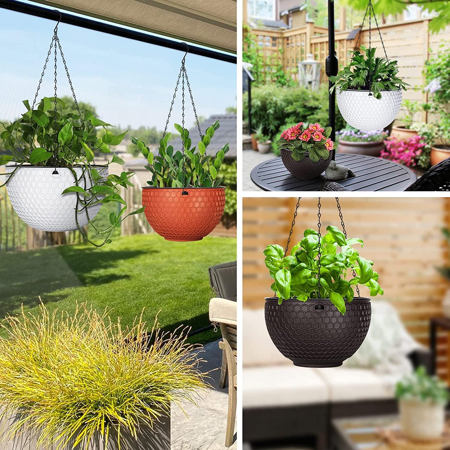 MIPON 3 Pack Hanging Planters for Indoor Outdoor Plants with Pot,6 8 10 Inch Hanging Plant Holder Flower Baskets with Drainage Holes and Removable Saucer for Garden Home Decor