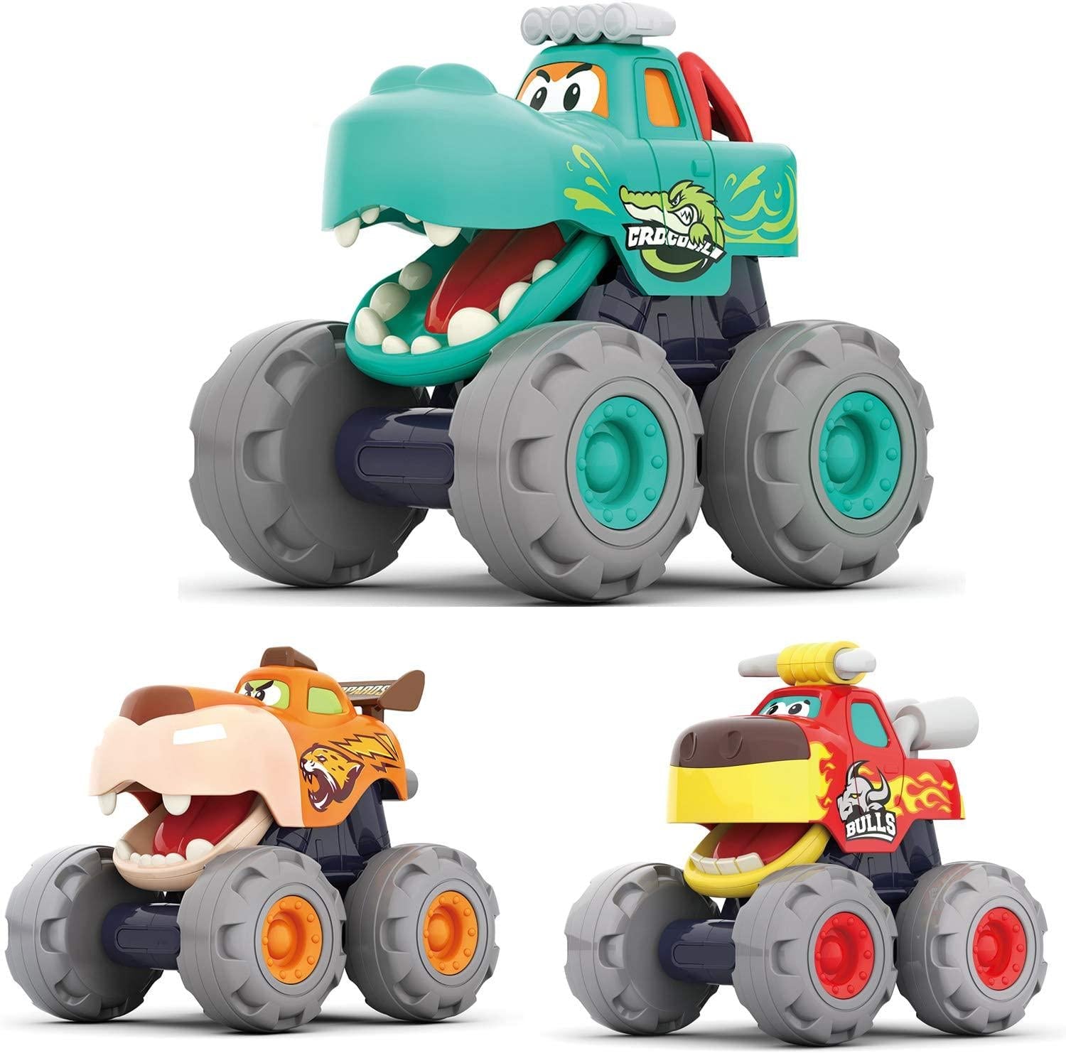 MOONTOY Toy Cars for 1 2 3 Year Old Boys, 3 Pack Friction Powered Cars Pull Back Toy Cars Set - Bull Truck-