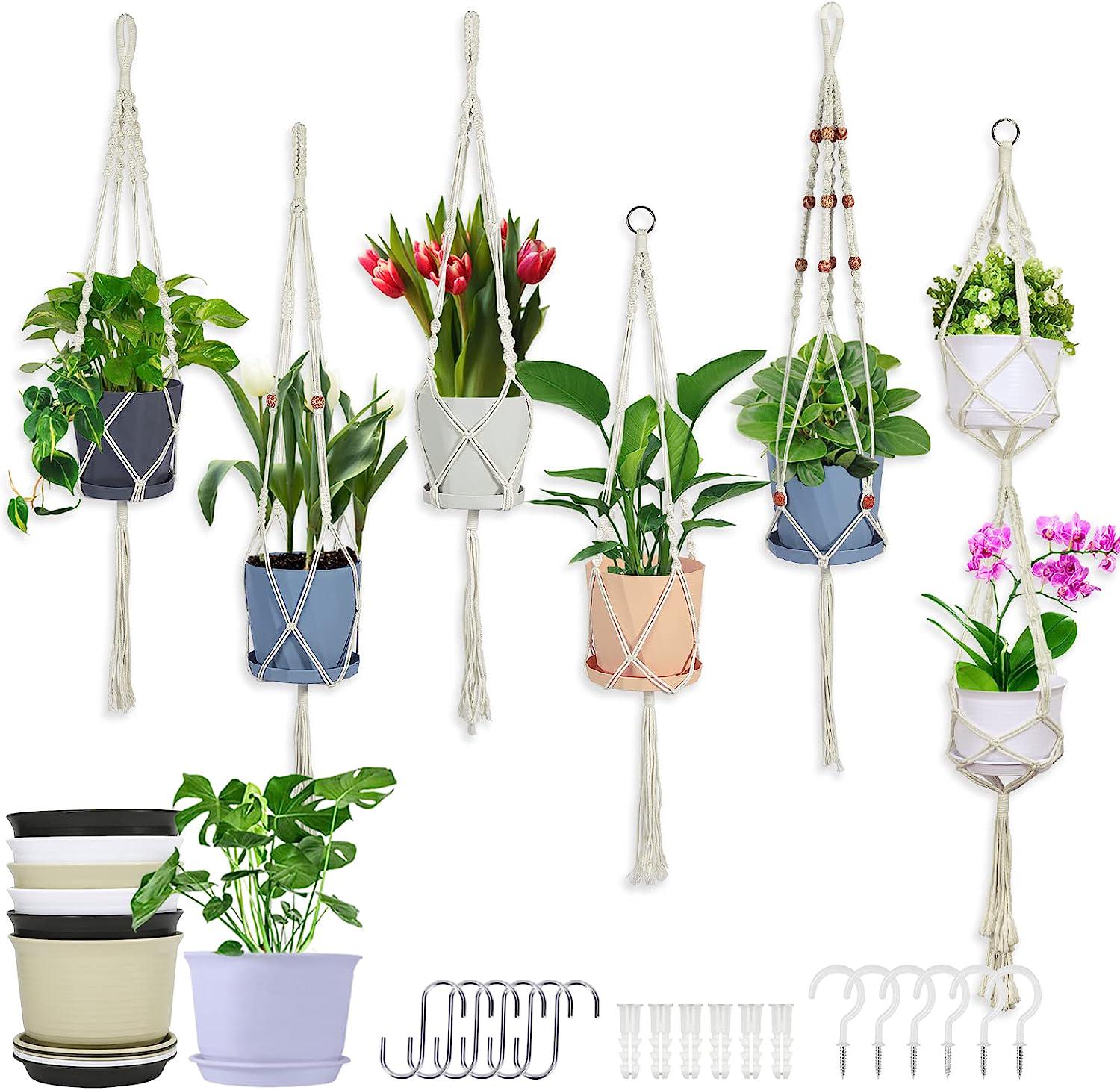 Macrame Plant Hangers Indoor -6 Pack Macrame Hanging Planters Handmade Macromay Plant Hangers with Flower pots, Trays and Hooks for Indoor Plants Hanger,Hanging Planter Holder for Boho and Home Decor-