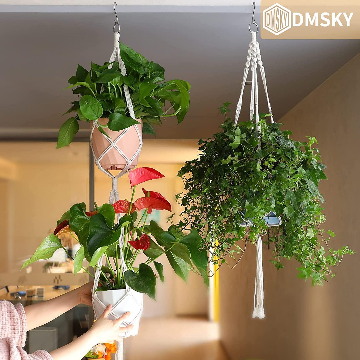 Macrame Plant Hangers Indoor -6 Pack Macrame Hanging Planters Handmade Macromay Plant Hangers with Flower pots, Trays and Hooks for Indoor Plants Hanger,Hanging Planter Holder for Boho and Home Decor